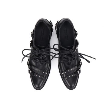 notdetailed原創 暗黑風綁帶鉚釘單鞋 粗跟拼接小皮鞋