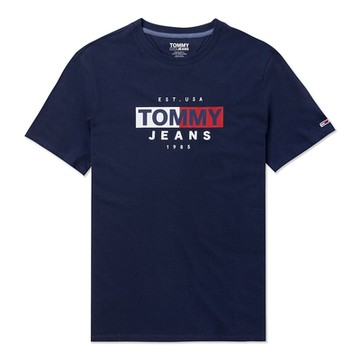 TOMMY 熱銷印刷文字Logo圖案短袖T恤-深藍色