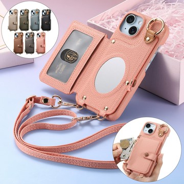 【喜挖】荔枝紋化妝鏡卡包手機殼適用iphone17素皮殼長掛繩蘋果17插卡收納