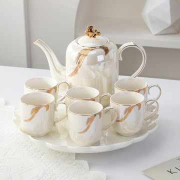陶瓷水具套裝家用冷水壺珍珠白茶杯水杯帶支架高顏值水具禮品