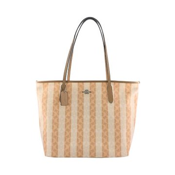 COACH沙/棕色C Logo PVC條紋印花肩背托特包