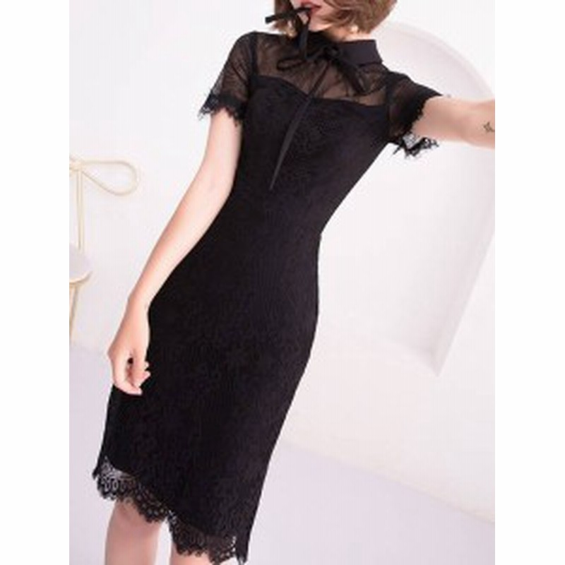 ワンピース フォーマル 黒 パーティードレス 花柄 レース 袖あり スリット 半袖 ミニ丈 タイト リボンタイ パーティー 結婚式 二次会 通販 Lineポイント最大1 0 Get Lineショッピング