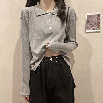 年新款早秋長袖t恤女寬松短款polo衫上衣秋冬洋氣內搭打底衫