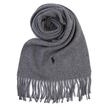 RALPH LAUREN POLO 小馬刺繡LOGO素面羊毛圍巾-灰/深藍色