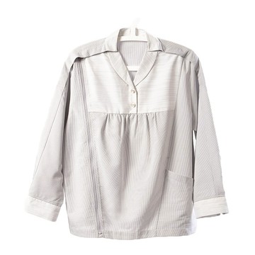 【海夫健康生活館】康澄國際 Kcwear 易穿脫女襯衫 雙肩扣 單側拉鍊 棉感無彈性/春秋 粉橘/灰白紋(S12)