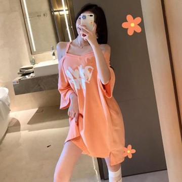 一字肩吊帶顯瘦上衣2025新款夏季寬松韓版中長款露肩設計感t恤女