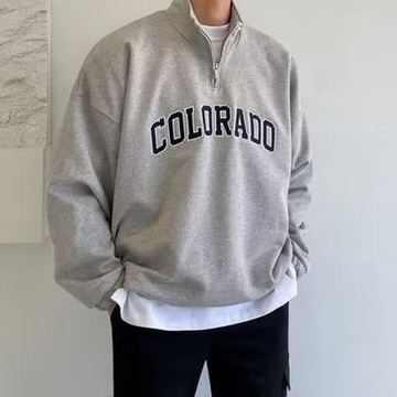 韓國 COLORADO 半拉鍊 刺繡親膚 寬鬆 落肩 高領 刷毛保暖 高磅 硬挺 長袖 大學 9D