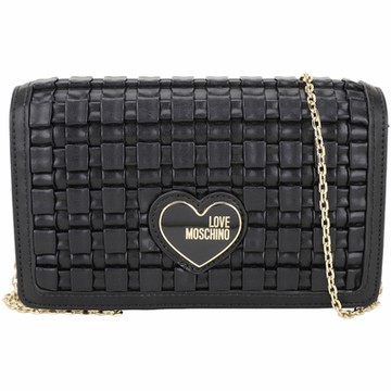 LOVE MOSCHINO 愛心字母編織皮革翻蓋鏈帶肩/斜背包(黑色)