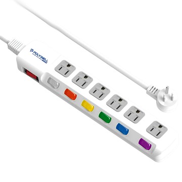 POLYWELL 寶利威爾 3孔電源延長線7切6座 180cm 獨立開關  白色 + 灰色 + 霓虹色  1個