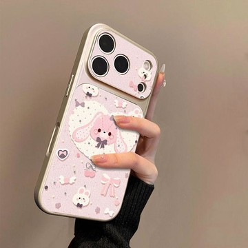 可愛兔淺粉圖案適用蘋果17手機殼小羊皮蘋果16保護套15新14外殼13