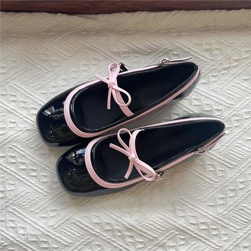 阿Q哥自制 可愛圓頭甜美法式蝴蝶結粗跟單鞋粉色淺口中跟瑪麗珍鞋