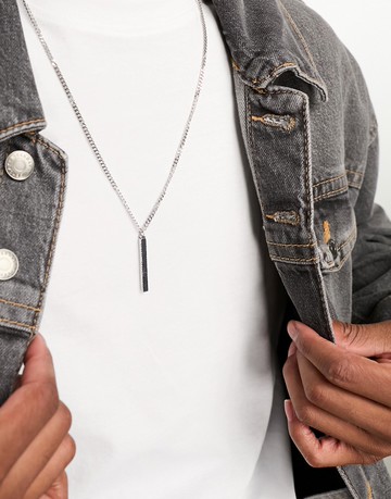 ASOS DESIGN waterproof stainless steel necklace with figaro chain and embossed bar pendant in silver tone