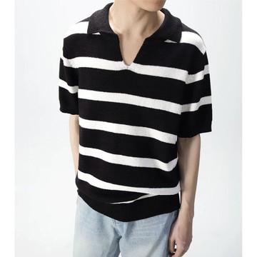 慵懶風條紋短袖POLO衫 夏季2025新款韓版寬鬆版遮肚子百搭V領POLO衫