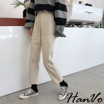 【HanVo】大方口袋造型哈倫直筒褲 百搭休閒高腰牛仔褲 薄長褲女 顯瘦褲 高腰長褲 女生長褲 A04-2577
