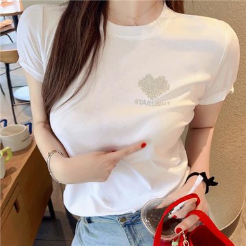 歐美2025夏季新款圓領燙鉆印花精品棉休閑時尚上衣短袖白T恤女