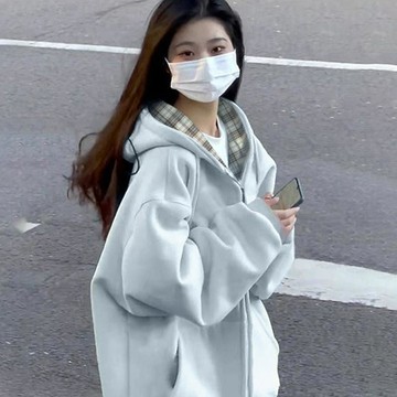 已售9642件💖赤道少女 藍色拉鏈外套女 連帽衛衣 oversize  設計感 秋冬長袖上衣 潮牌衣服   寬鬆