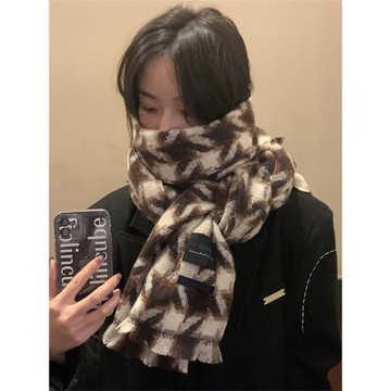 千鳥格子圍巾女生冬季2025新款韓系圍脖保暖加厚學生百搭披肩棕色