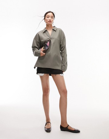 Topshop premium basic oversized long sleeve polo top in khaki-Green