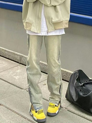 黃泥牛仔褲 男拉鏈歐美街頭直筒水泥色夏薄款美式高街褲子【不二雜貨】