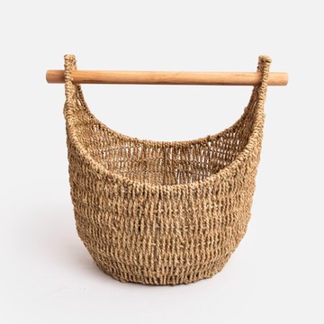 艾禮思手工草編木頭提把收納籃 直條