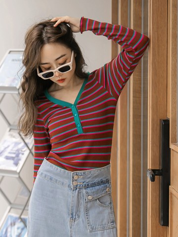 高含棉短版V領撞色橫條紋針織長袖上衣