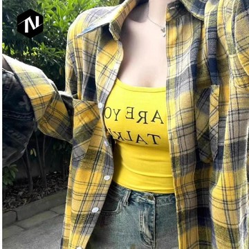 【Nico】臺灣熱銷🔥【雙口袋棉質面料】日系黃格子顯瘦慵懶長袖襯衫女寬鬆時尚百搭外搭