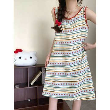 【台灣现貨】森系綠色條紋吊帶睡衣 女生睡裙 夏天睡衣 連身睡衣 ins風背心睡衣 吊帶睡裙 女生睡衣 涼感睡衣 居家服