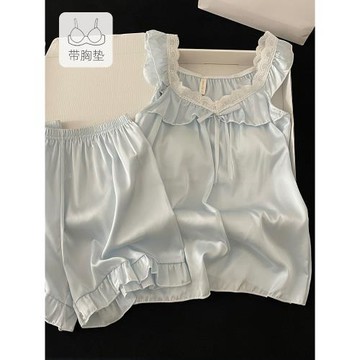 冰絲綢藍色吊帶睡衣女款帶胸墊夏季2026新款純欲高級感家居服套裝