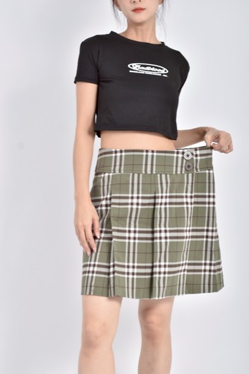 (XL) ate質感格紋鈕扣綠色短裙