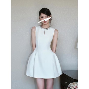 (免運)FFmiss◆法式無袖亮片鏤空收腰連衣裙女千金風釘珠氣質度假蓬蓬裙