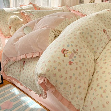 秋冬加厚牛奶絨四件套a類花邊純棉被套南通加絨床上用品全棉床單4