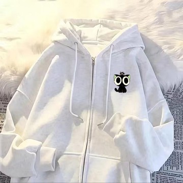 愛依依 衛衣外套 連帽外套 印花上衣 學院風S-2XL新款小黑印花運動外套高街開衫連帽運動衛衣男女寬鬆-9514.