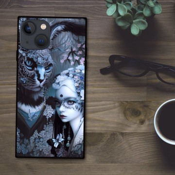 暗黑歌德風獅子人與美麗女巫及花朵 方形手機殼【強化玻璃處理】適用於 iPhone16