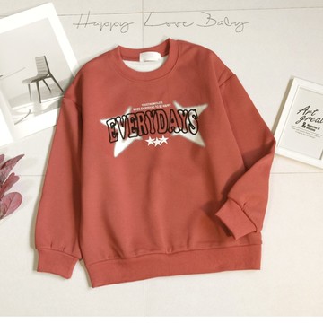 男大童 厚款 磚紅美式星星英文厚磅寶寶絨上衣 秋冬童裝 大童上衣 大童長袖 男大童長袖 刷毛