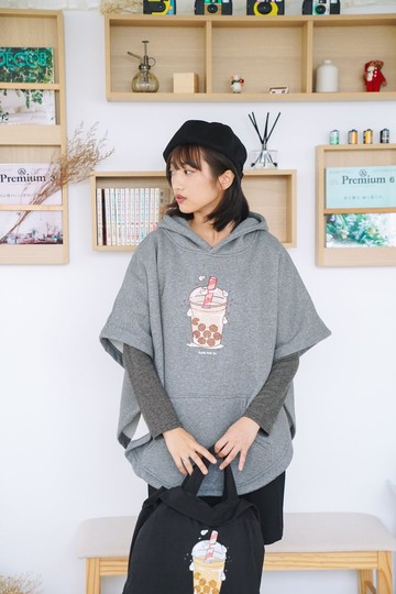 麻糬兔珍奶-厚款斗篷外套(麻灰)