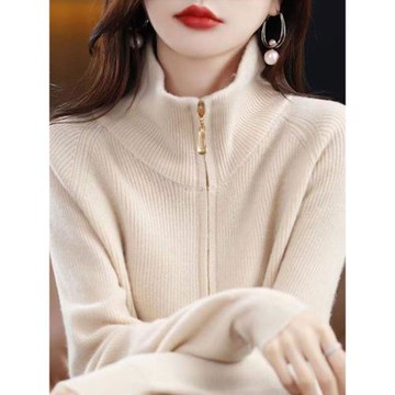 設計感翻領羊絨衫秋冬氣質加厚通勤保暖長袖套頭半拉鏈針織毛衣女