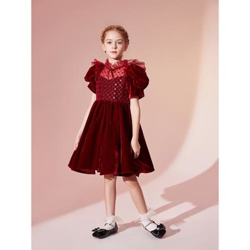 高端洋氣女童公主裙酒紅色絲絨輕奢小眾蓬蓬裙生日鋼琴演奏服秋冬