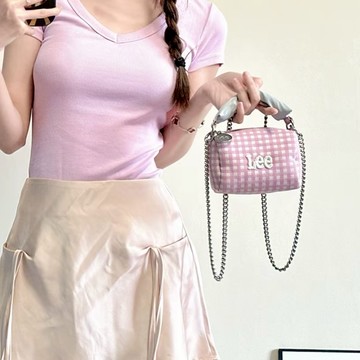 LEE BUNBUNBAG 粉白格紋 甜美 饅頭包 鏈條包 刺繡LOGO 韓系 可愛 / 代購