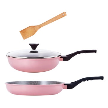 Queen Chef 韓國礦岩鈦合金鑄造不沾鍋 公主粉  炒鍋30cm + 平底鍋30cm + 鍋蓋30cm + 竹鏟  粉色  1組