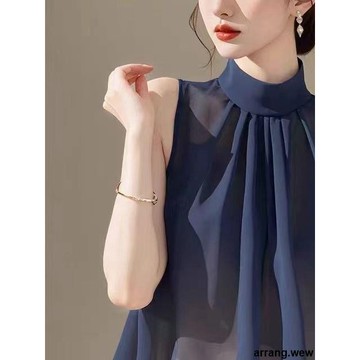 女生背心 💖💖 無袖 法式無袖掛脖藏青襯衫女夏季新款超仙仙氣飄飄遮肚子修身顯瘦上衣