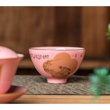 春山玉品 藝術家-李明炬開窗書法粉汝釉雞心杯景德鎮陶瓷主人杯