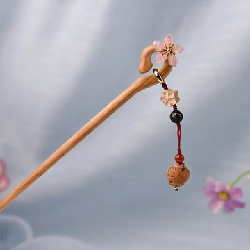 Jpqueen 桃花仙子古風花漾垂墜桃木中式盤髮髮簪(卡其色)