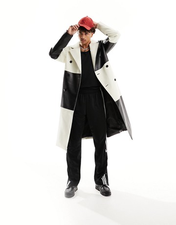 ASOS DESIGN oversized faux leather colour block trench in black
