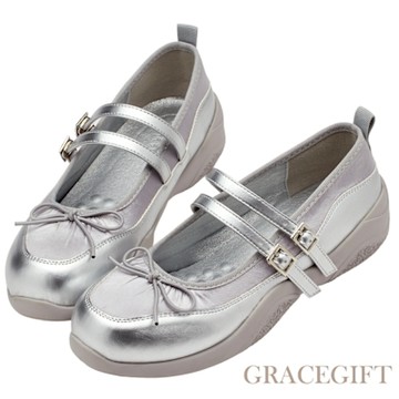 【Grace Gift】緞光蝴蝶結2WAY雙帶瑪莉珍芭蕾舞運動鞋 銀