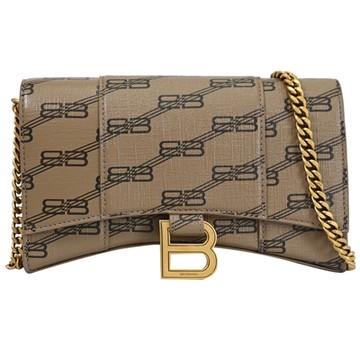 BALENCIAGA 巴黎世家  Hourglass 經典LOGO印花WOC斜背鍊包(駝棕)