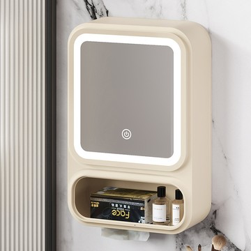 家用多功能壁掛置物架 簡約浴室鏡子 免打孔收納架 帶燈 帶鏡子防塵儲物架 補光燈鏡子一體收納盒 免打孔置物架