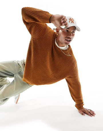 ASOS DESIGN oversized knitted fisherman rib crew neck jumper in burnt orange-Brown