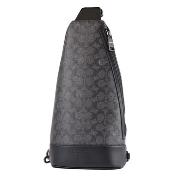 COACH 男款 Warner 緹花LOGO防刮拉鍊單肩背胸包-灰黑