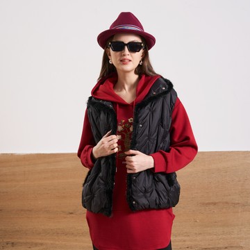 CLL巧玲瓏 菱格車紋翻領毛邊背心(黑色) 5364210