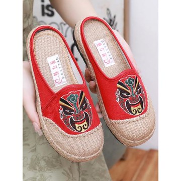 夏季老北京布鞋女鞋平底臉譜拖鞋民族風復古繡花鞋家居包頭女涼拖